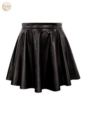 Plus Size Faux Leather Skater Mini Skirt Pleated Elastic Waist A-Line